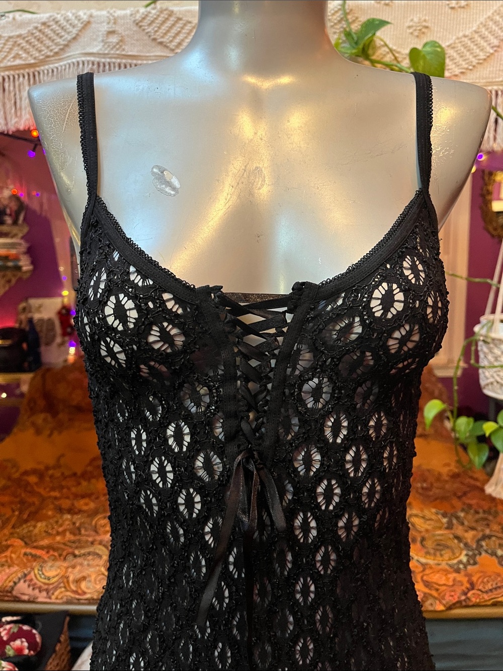 Vintage Y2K goth grunge lace up front sheer slip mini dress - Picture 3 of 4